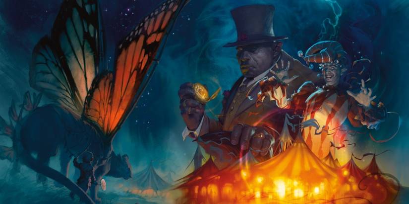 A carnival big top is loomed over by two large figures from DnD