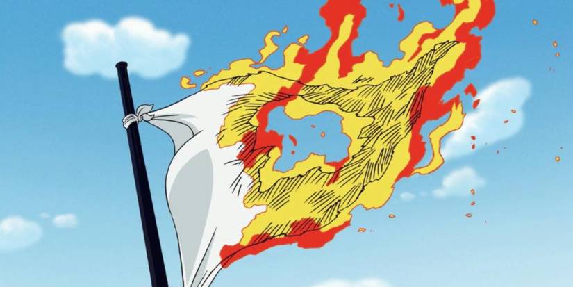 Le drapeau du gouvernement mondial brûle depuis Sniper King dans One Piece dans le hall Eneis.