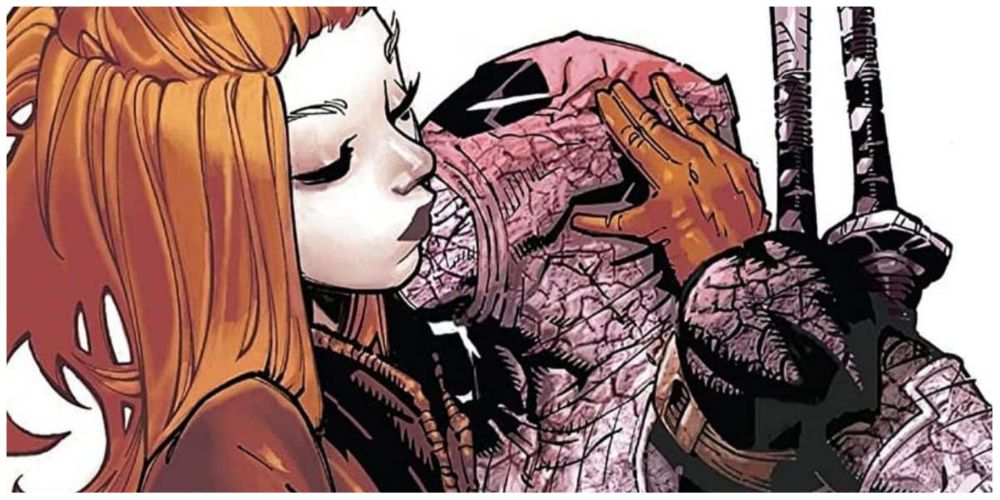Elsa Bloodstone e Deadpool se beijando nos quadrinhos
