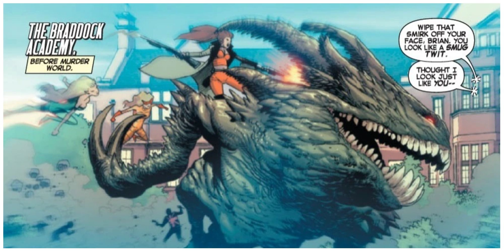 Elsa Bloodstone montando um monstro nos quadrinhos da Marvel