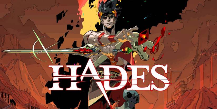 Zagreus wielding his sword with the fiery underworld in the background. 