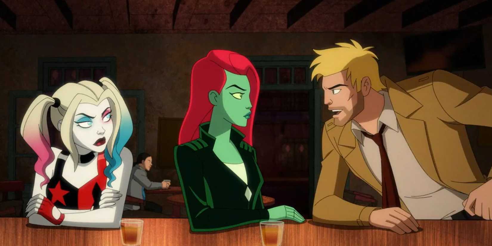 Constantine, Harley Quinn e Poison Ivy em uma competição de bebida animada