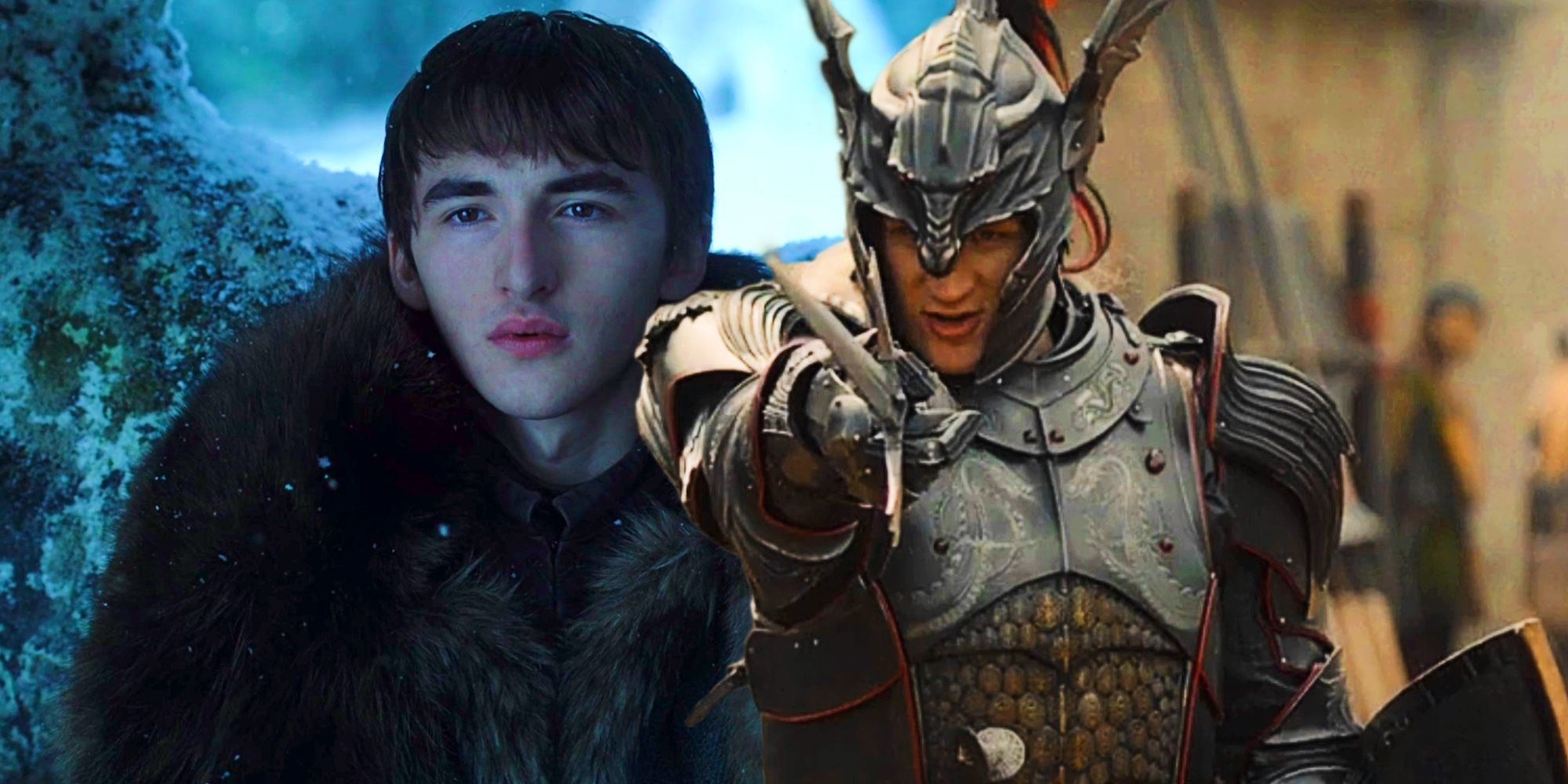 Bran Stark by a tree in Game of Thrones with Daemon pointing Dark Sister in House of the Dragon