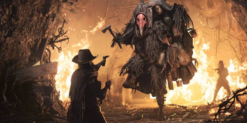 Hunt Showdown screenshot showing a player character in a cowboy hat pointing a pistol at a monster in a plague mask.