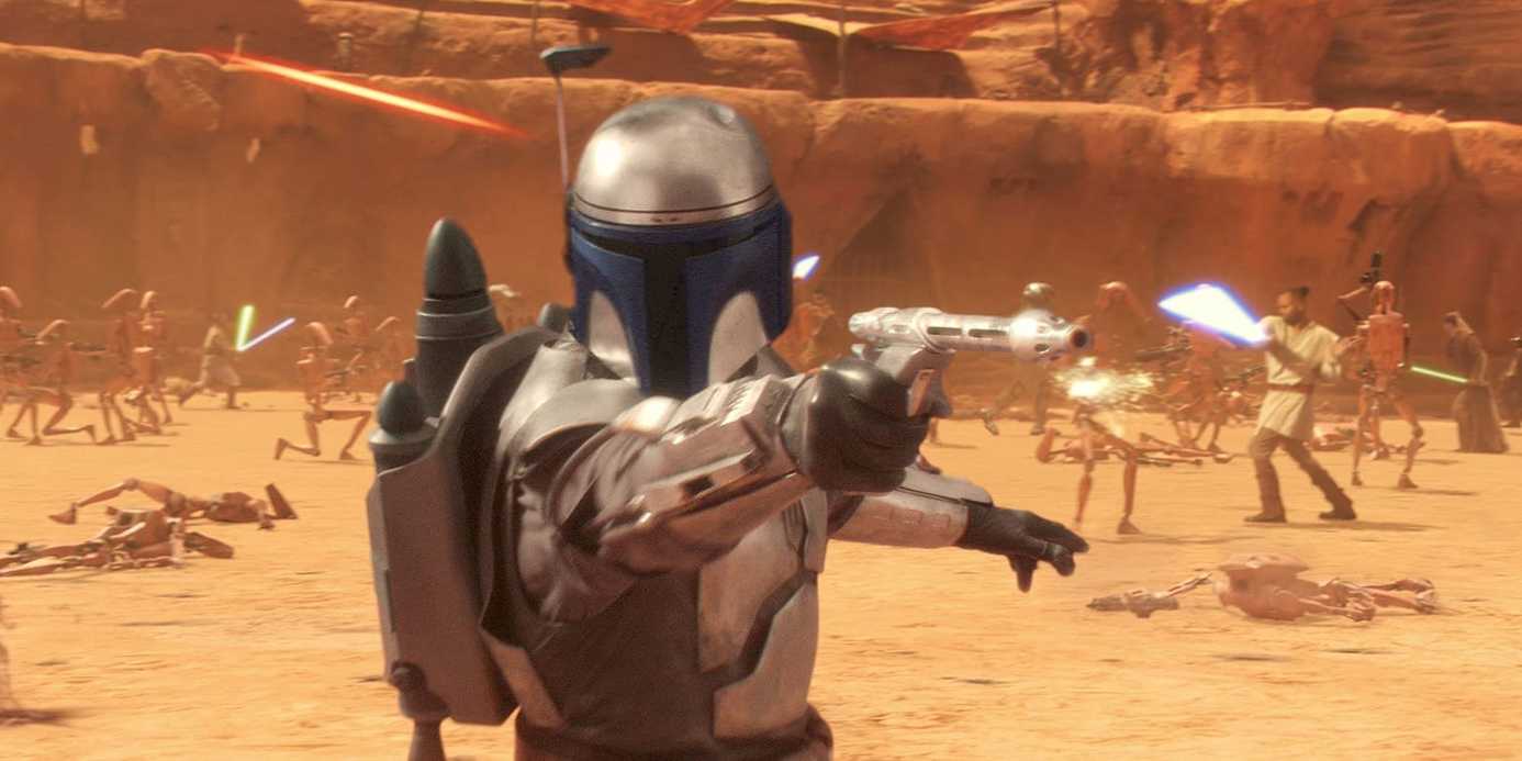 Jango Fett uses his blaster in Attack of the Clones during the Battle of Geonosis