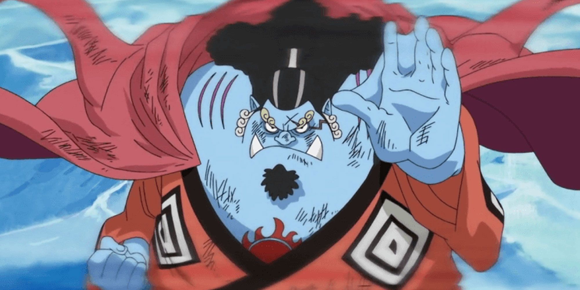 Jinbe from One Piece with one palm raised ready to attack