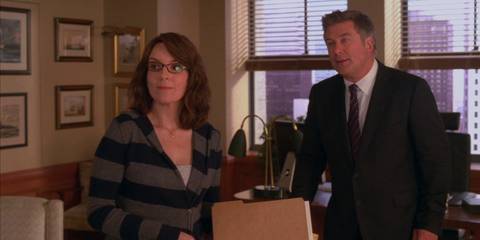 Liz (Tina Fey) and Jack (Alec Baldwin) in Jack's office in 30 Rock