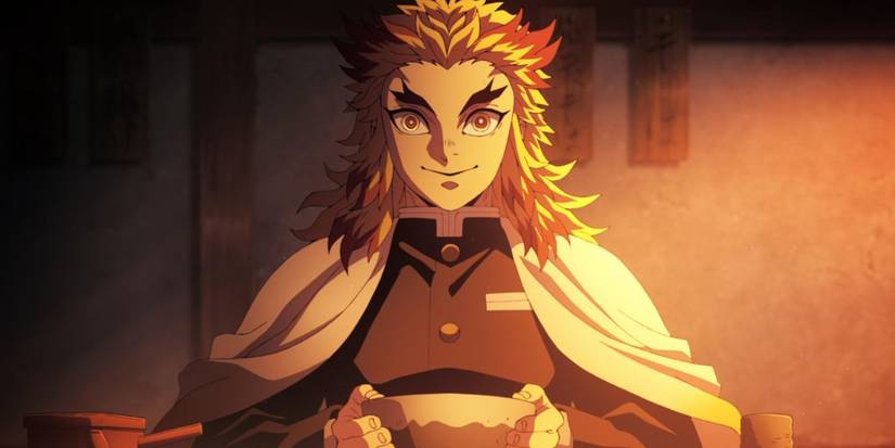 Falme Hashira Kyojuro Rengoku holds a bowl in Demon Slayer: Mugen Train.