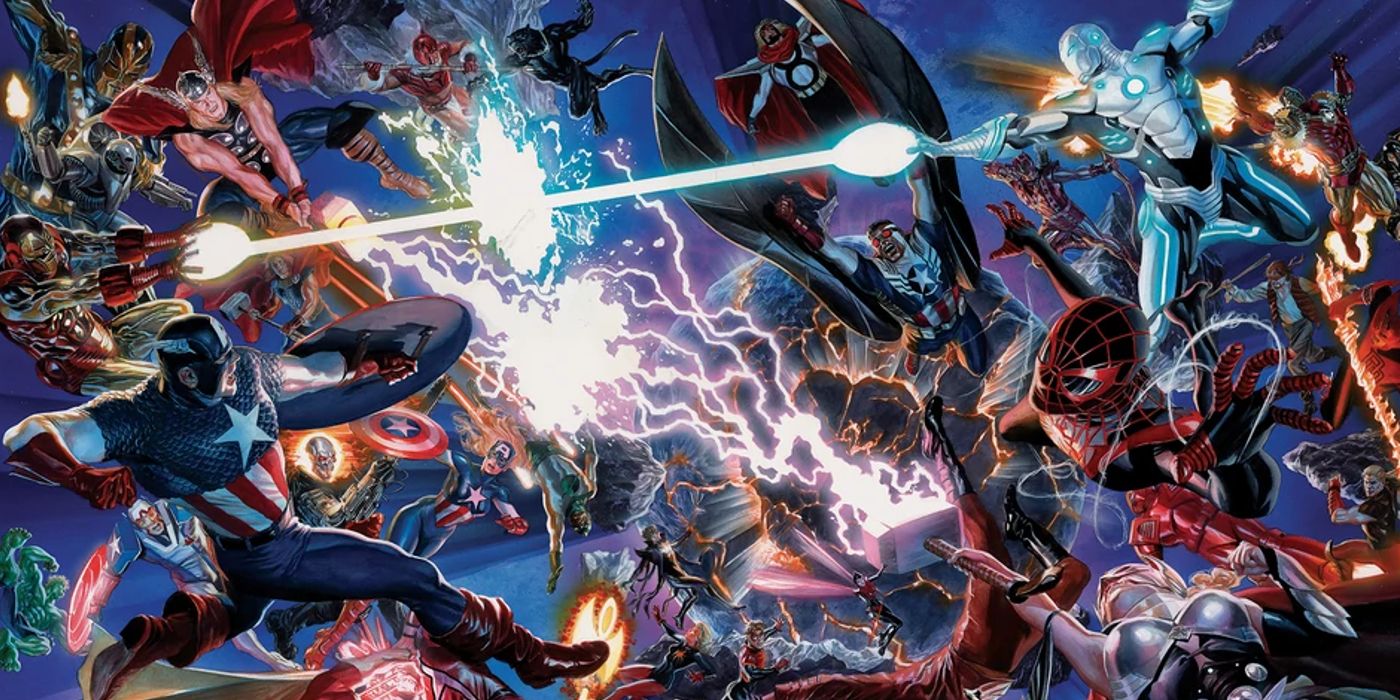 Superheroes battle each other on the cover of Marvel Comics Secret Wars #1.