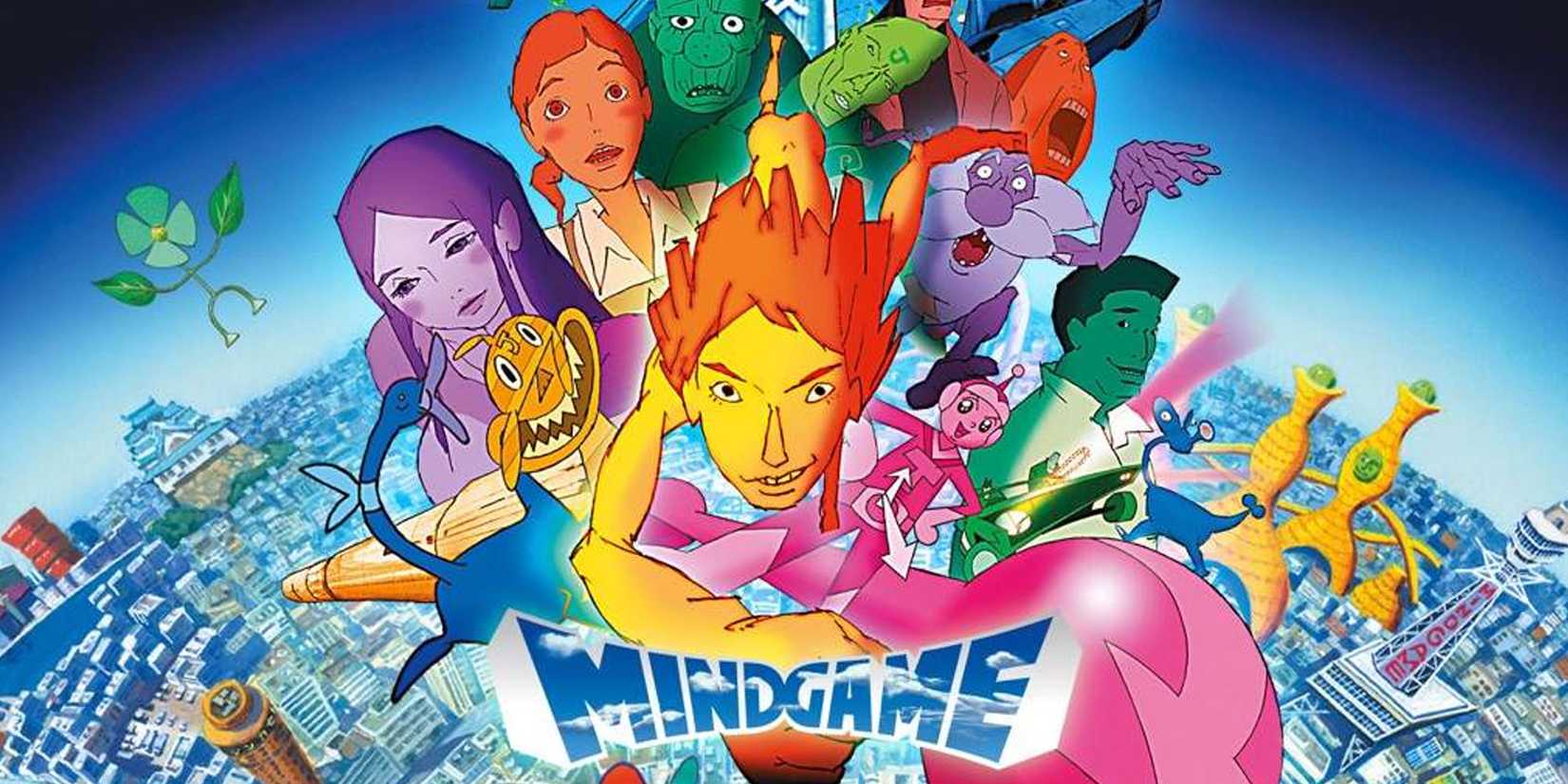The poster artwork for Mindgame, with colorful art of every main character in front of a cityscape.