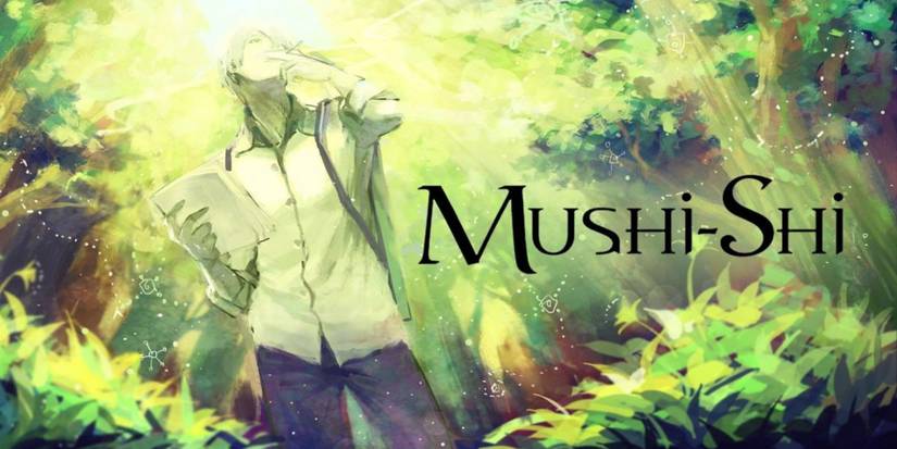 Ginko smoking as he examines the vibrant forest around him Mushi-Shi key art.
