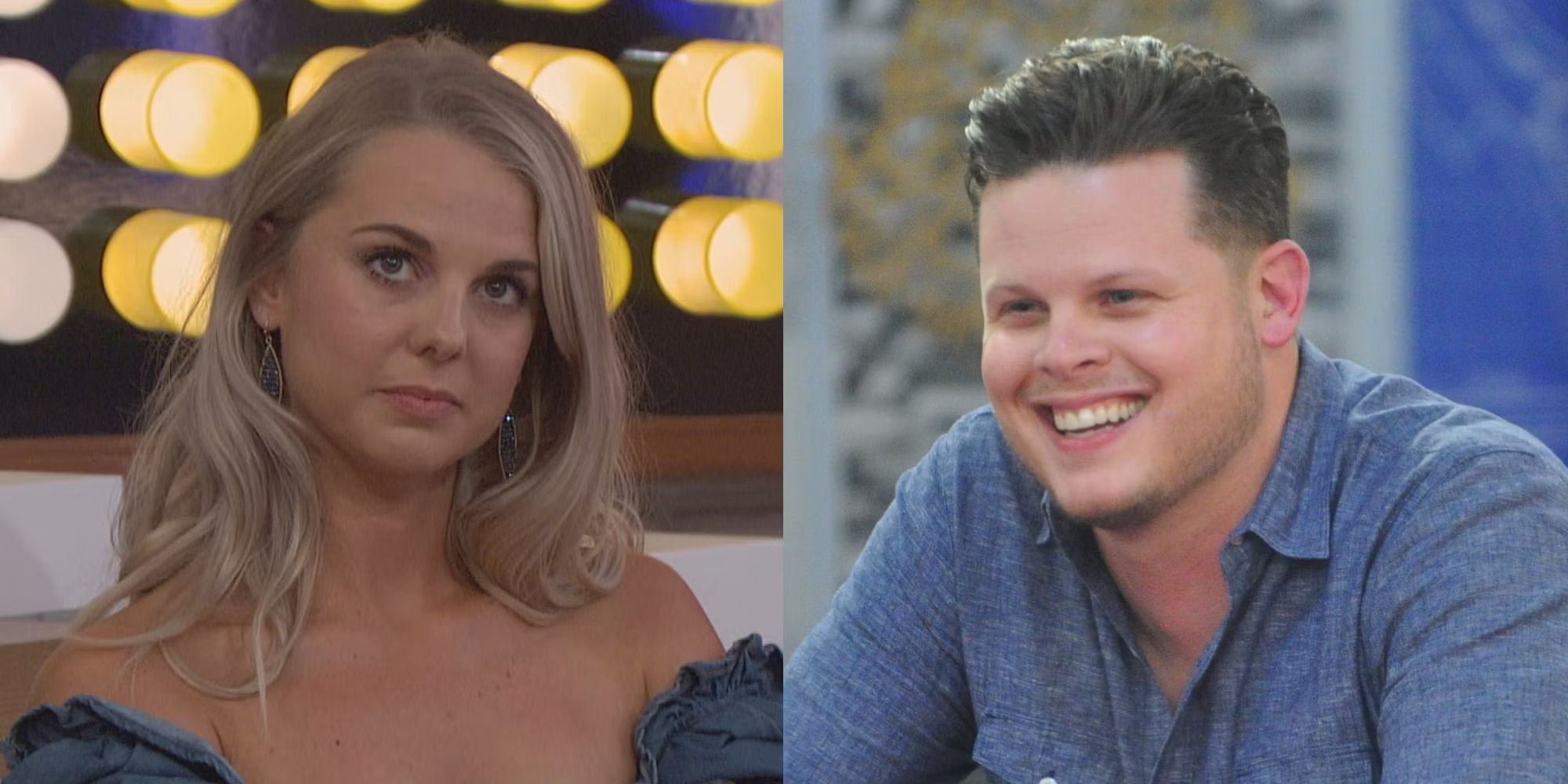 Side by side of Nicole Franzel and Derrick Levasseur from Big Brother sitting on the living room couch.