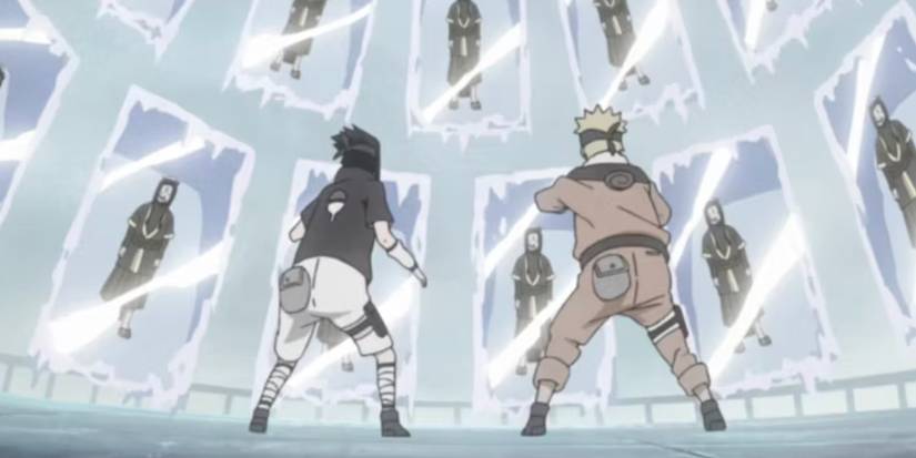 Sasuke and Naruto face off against an enemy reflection in the Land of Waves in the Naruto anime