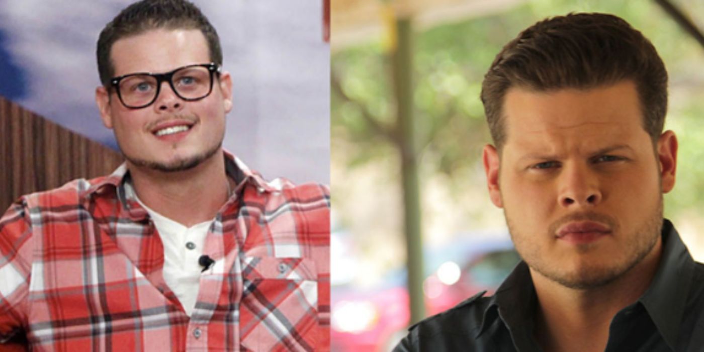 Big Brother 16's Derrick Levasseur in a montage looking serious and smiling.