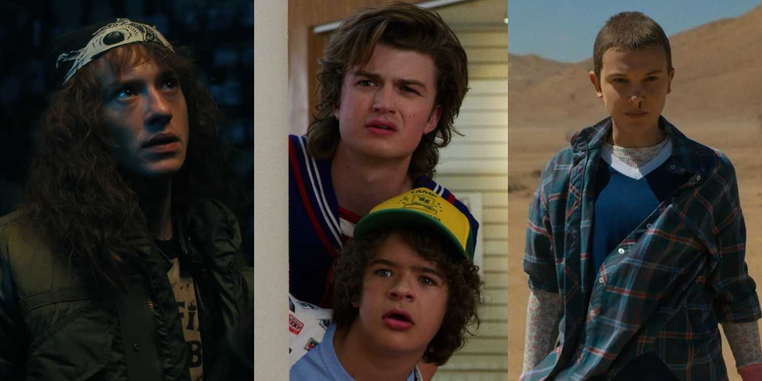 Three images of Eddie, Steve and Dustin, and Eleven in Stranger Things