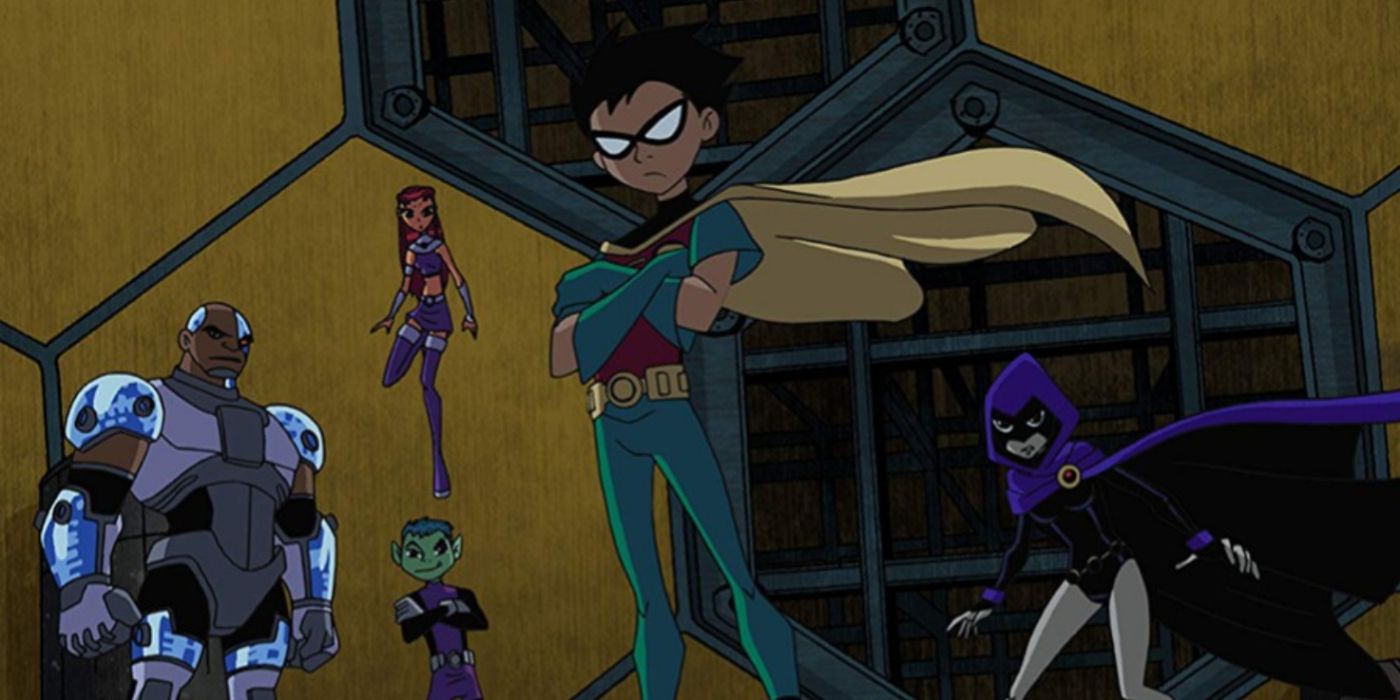 Ciborgue, Estelar, Mutano, Robin e Ravena em Jovens Titãs.