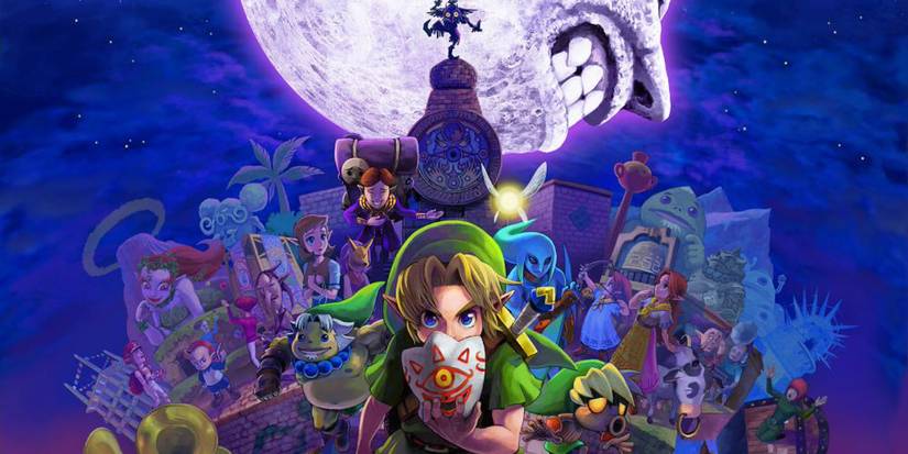 Promotional art featuring a variety of characters from Majora's Mask, with Link front and center.