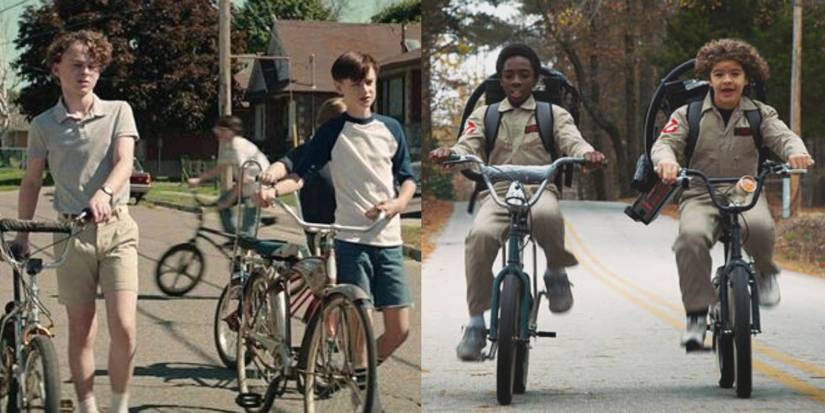 Kids in both IT and Stranger Things biking around town