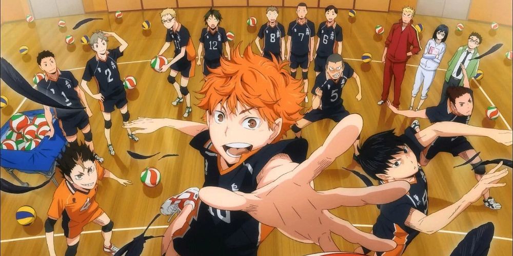 Hinata prepares to spike a volleyball on Haikyuu