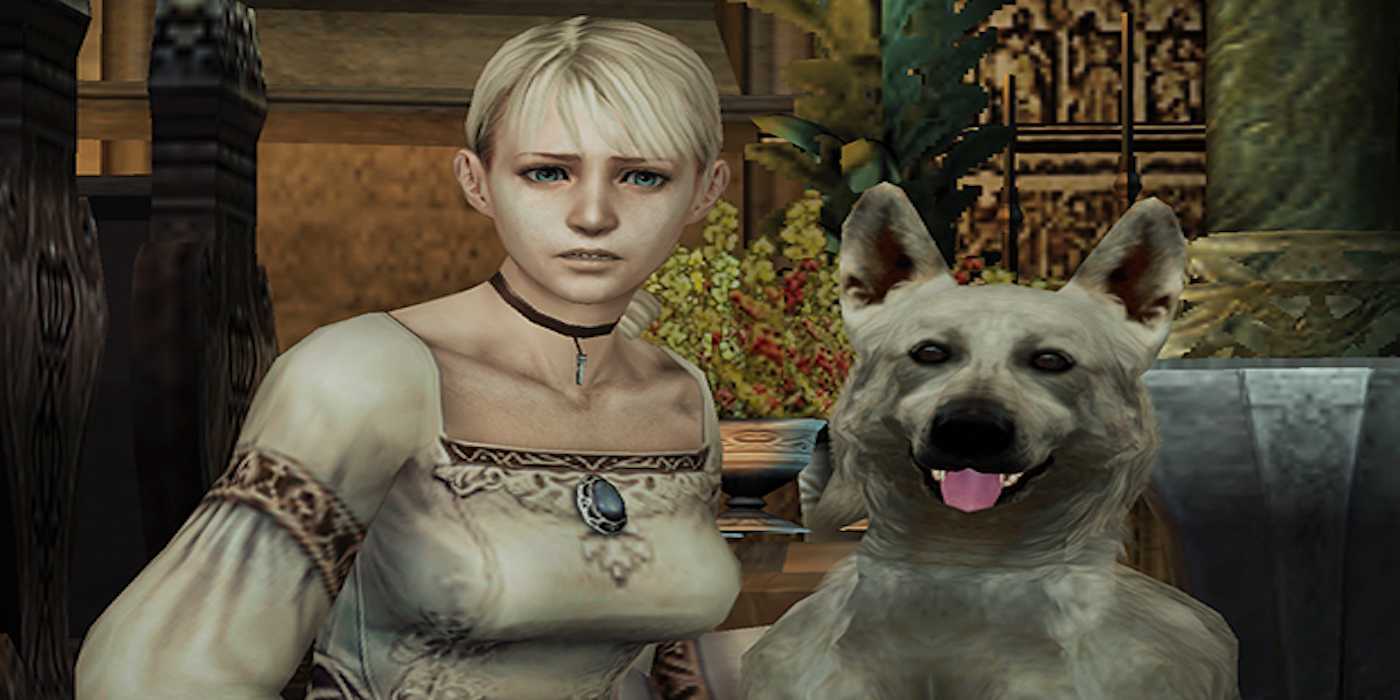 A screenshot of Fiona Belli and Hewie from the game Haunting Ground.