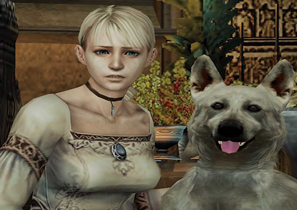 A screenshot of Fiona Belli and Hewie from the game Haunting Ground.