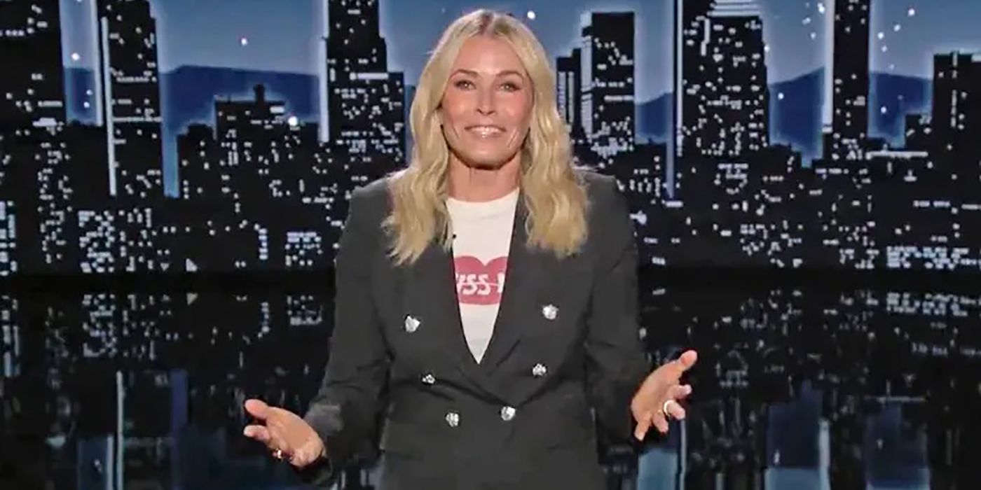 Chelsea Handler with her arms out while guest hosting Jimmy Kimmel Live!