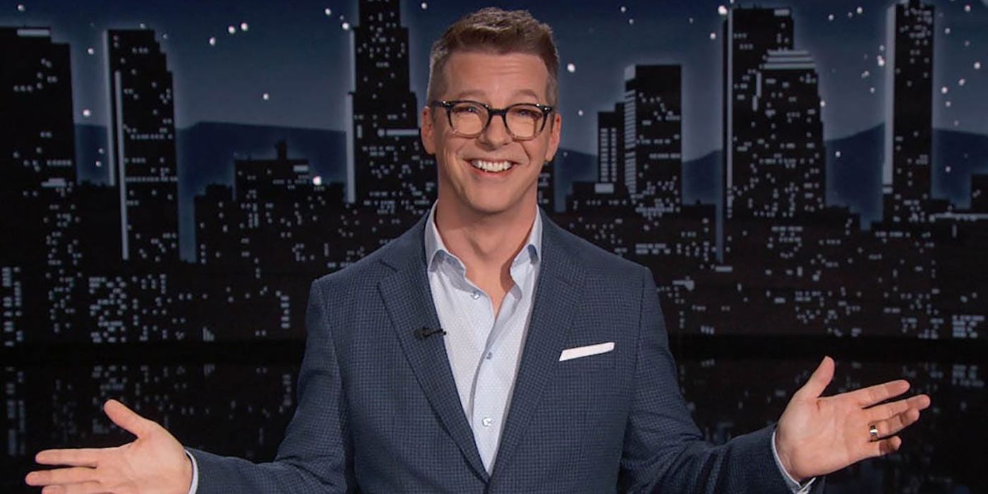 Sean Hayes smiling, arms outstretched while guest hosting Jimmy Kimmel Live!