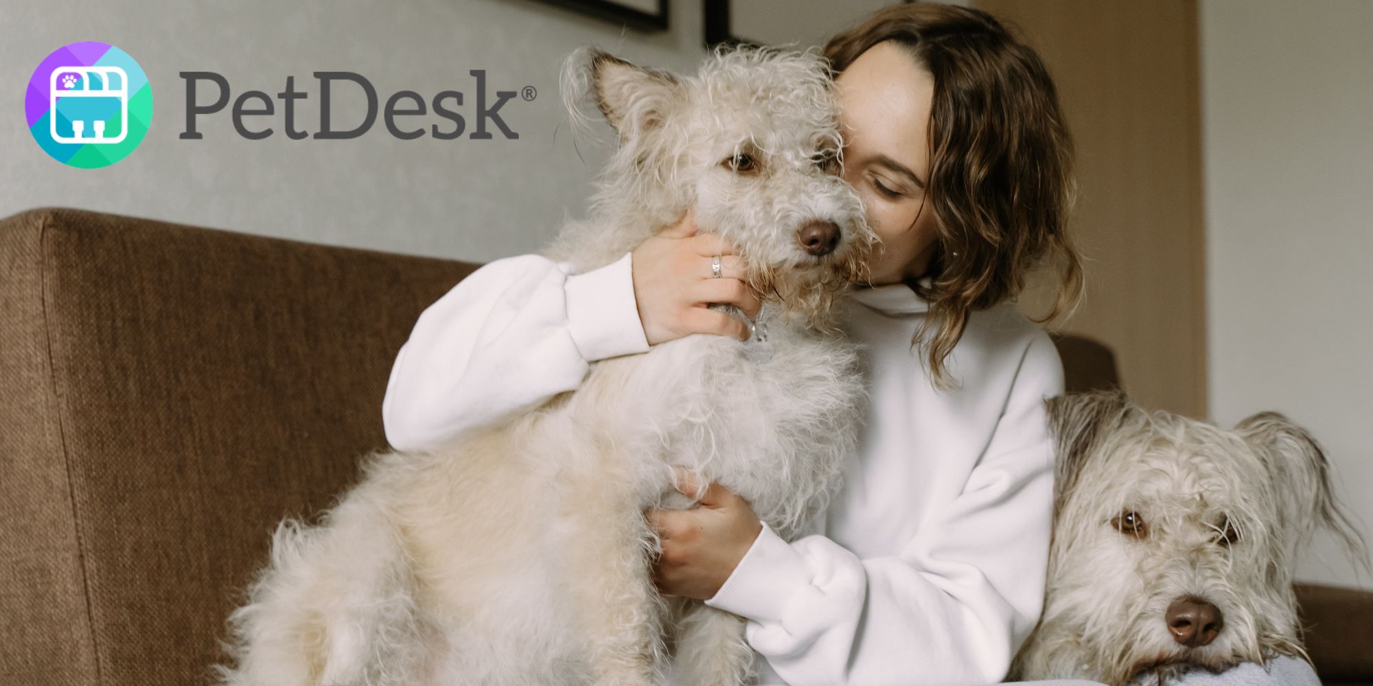 A woman in a white sweater cuddles her two tan shaggy dogs.