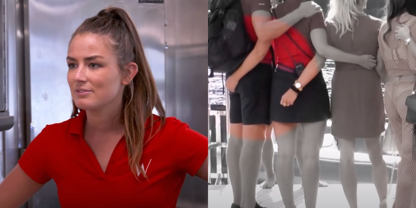 A split image of Aesha talking to Jess about her photo with Rob on Below Deck
