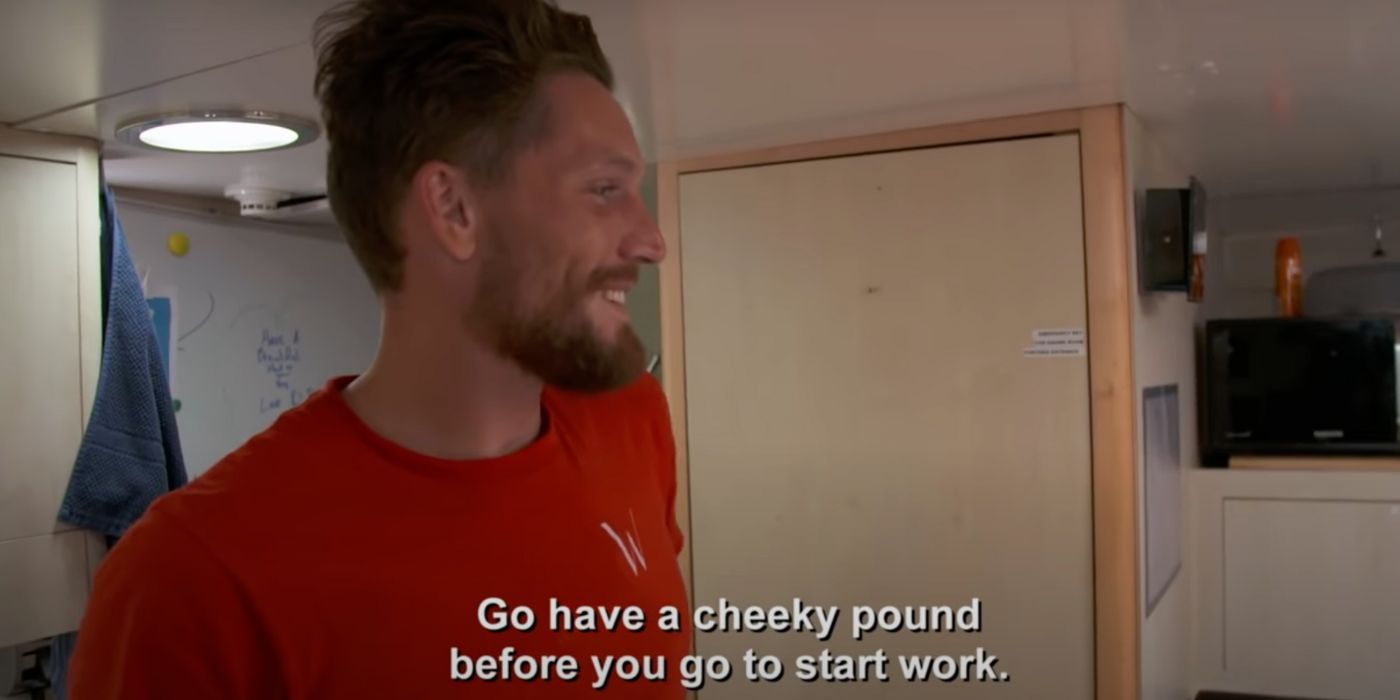Aesha talking to Rob in the galley on Below Deck