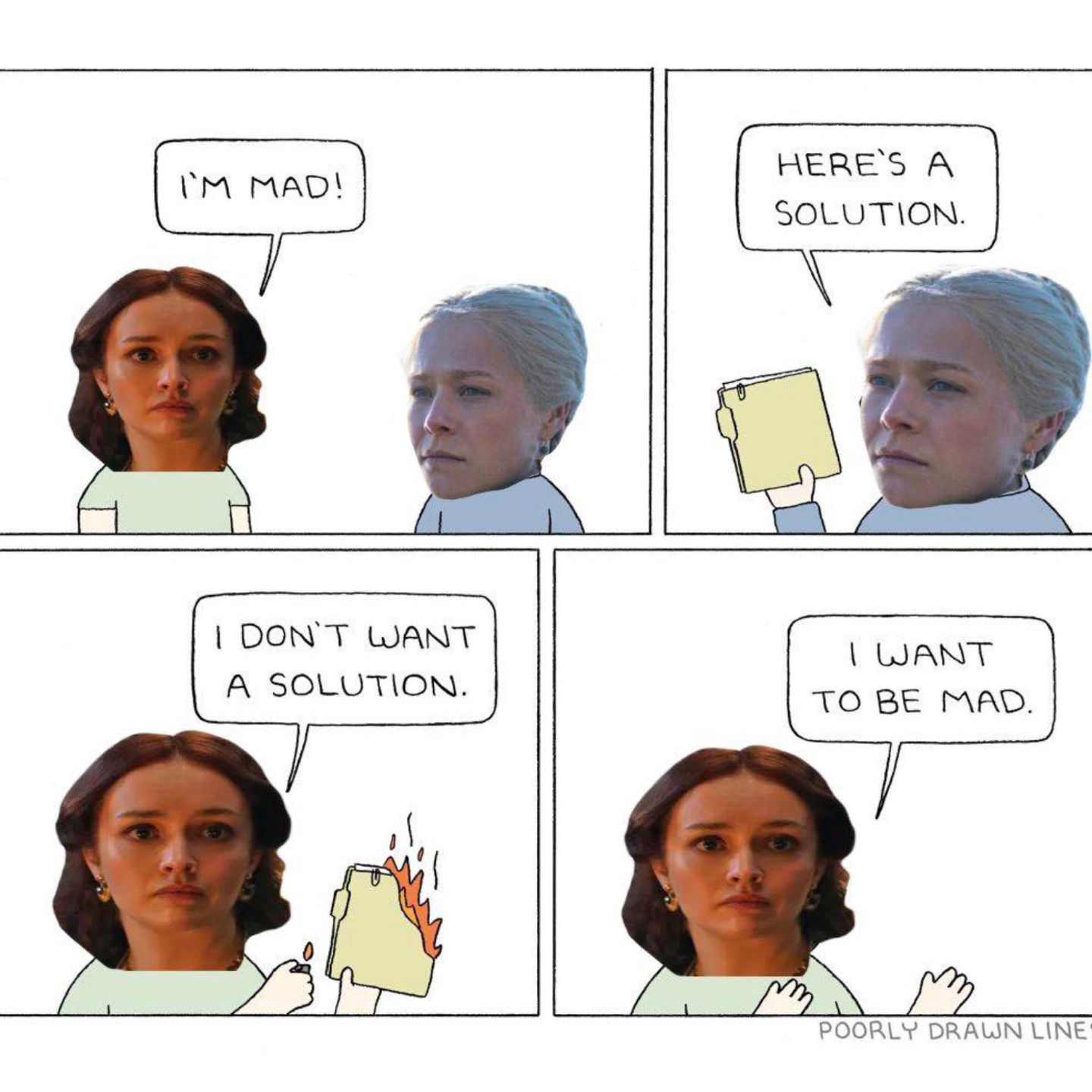 Meme about Alicent refusing Rhaenyra&rsquo;s proposal at the small council meeting in House of the Dragon.Â