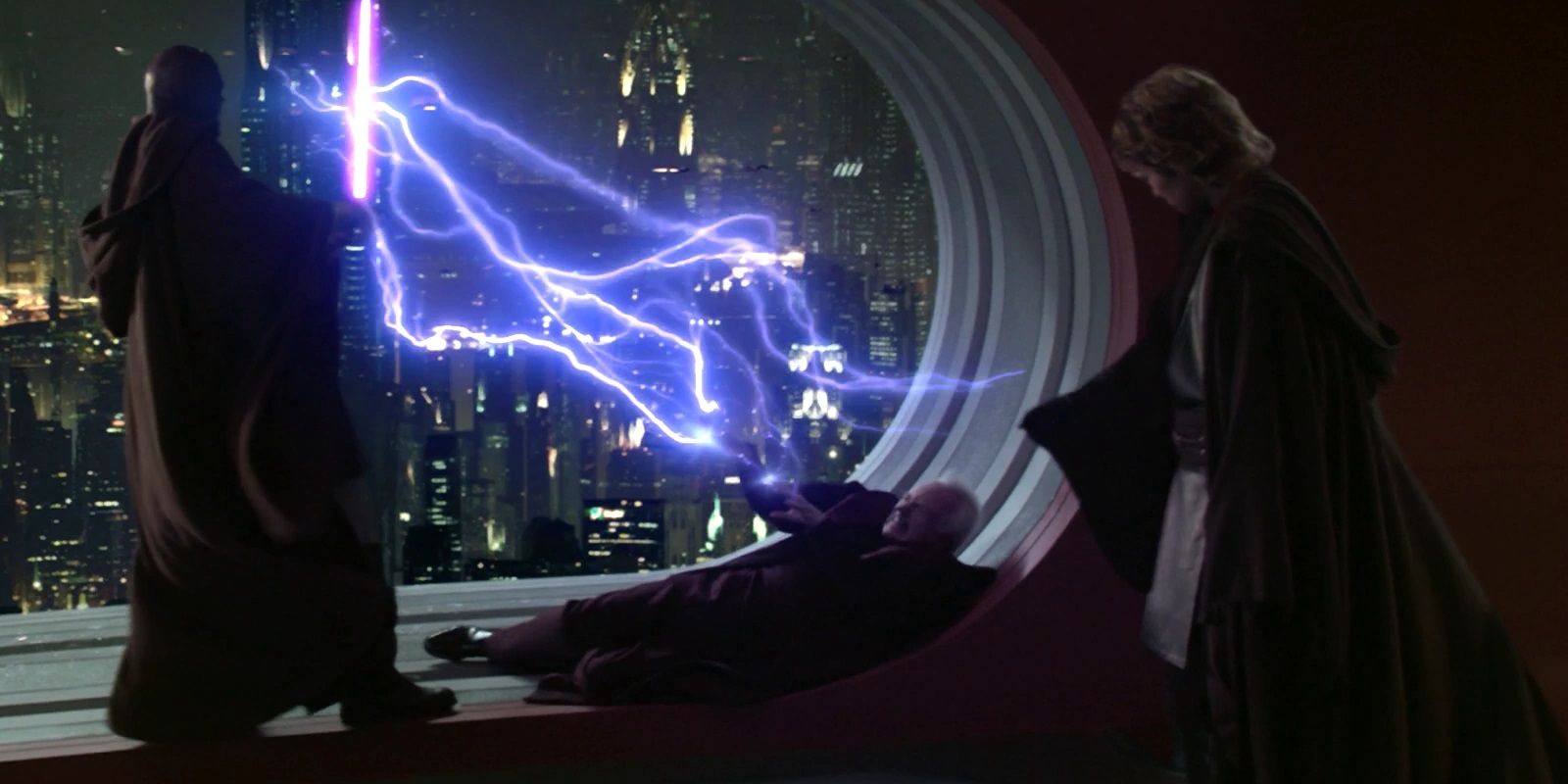 Palpatine shoots Mace Windu with Force lightning and Anakin watches in Revenge of the Sith