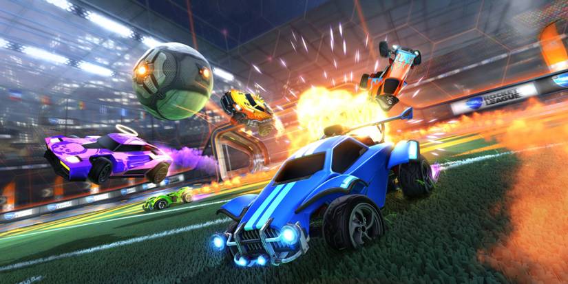 Cars on the Rocket League pitch
