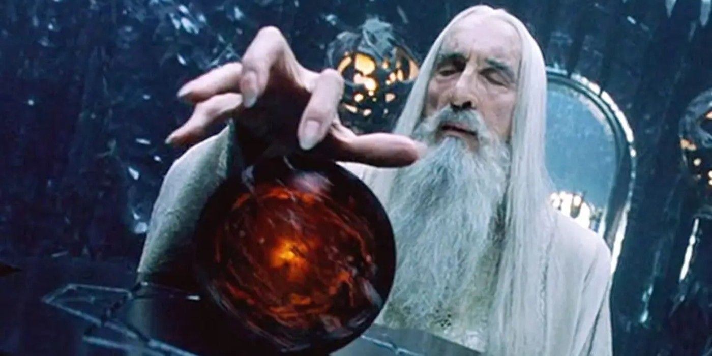 Christopher Lee as Saruman using the Palantir in Lord of the Rings.