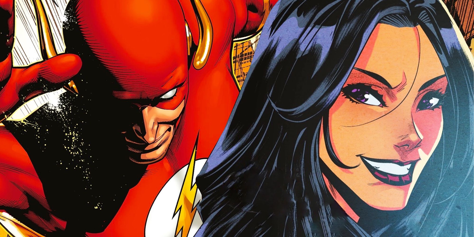 Comic book art: Linda Park West smiles in front of an image of Flash Wally West running with his head down.