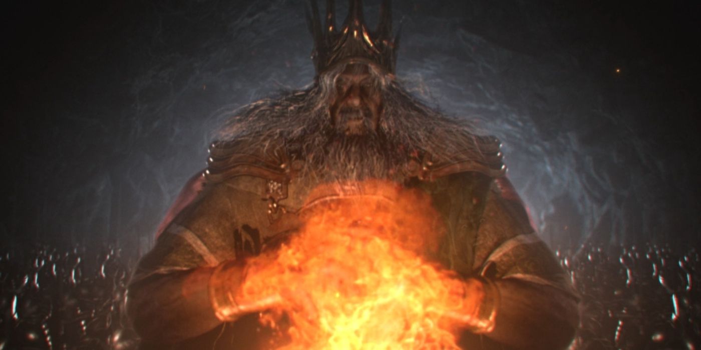 Gwyn acendendo a Primeira Chama na abertura cinematográfica de Dark Souls.