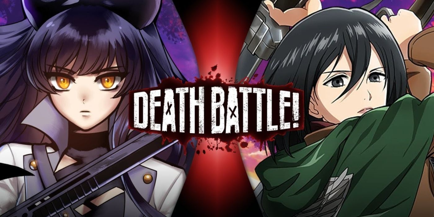 Um cartão de título Blake vs Mikasa em Death Battle