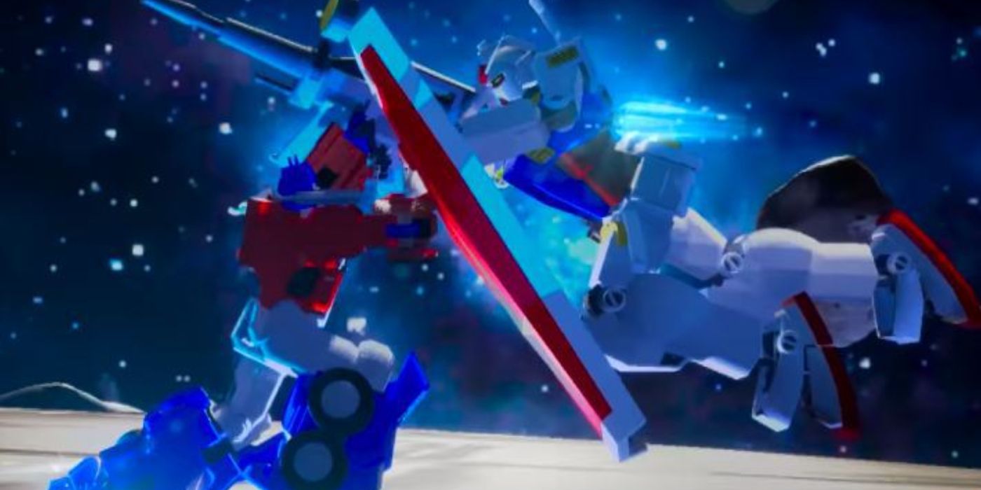 Uma imagem de Optimus Prime e Gundam lutando em Death Battle
