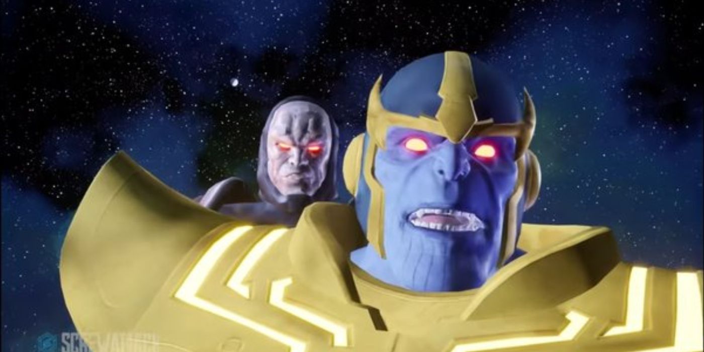 Uma imagem de Thanos e Darkseid lutando em Death Battle