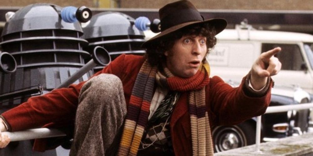 Fourth Doctor pointing offscreen in Doctor Who