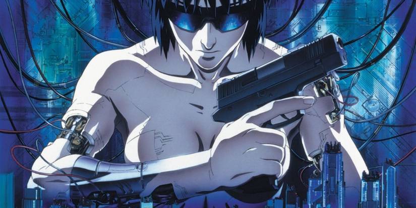 Ghost in the Shell anime movie key art featuring the cyborg Motoko Kusanagi.