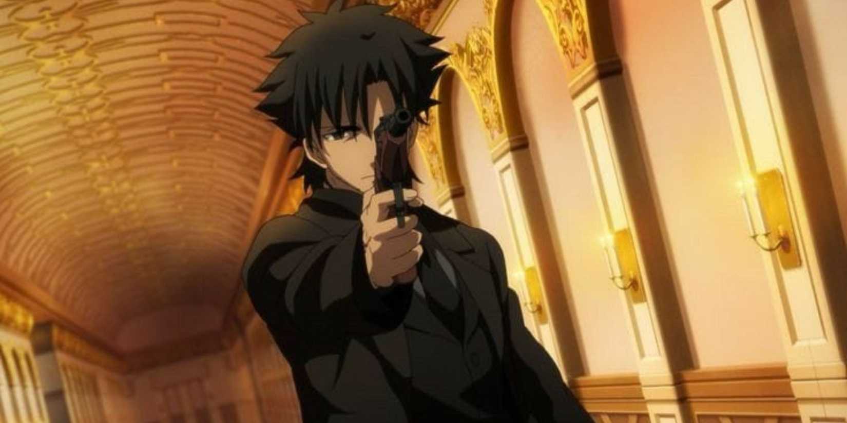 Kiritsugu Emiya pointing a gun in a gilded hallway.