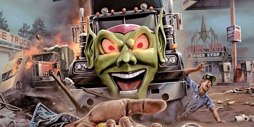 Semi with a crazy green goblin face runs over a man during chaos at a gas station in a poster image from Maximum Overdrive