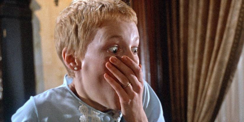 Mia Farrow looking shocked at the end of Rosemary's Baby