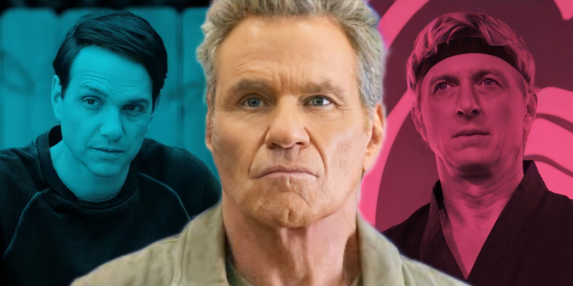 Ralph Macchio como Daniel LaRusso, Martin Kove como John Kreese e William Zabka como Johnny Lawrence em Cobra Kai