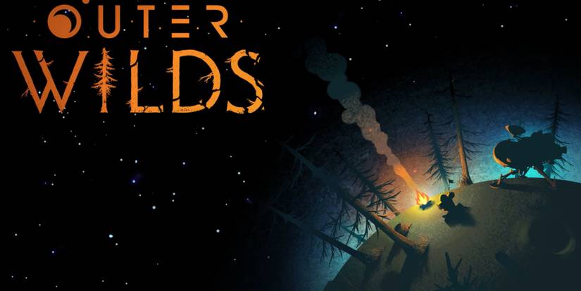 Outer Wilds promo art of the astronaut sitting by a campfire under a sprawling galaxy.