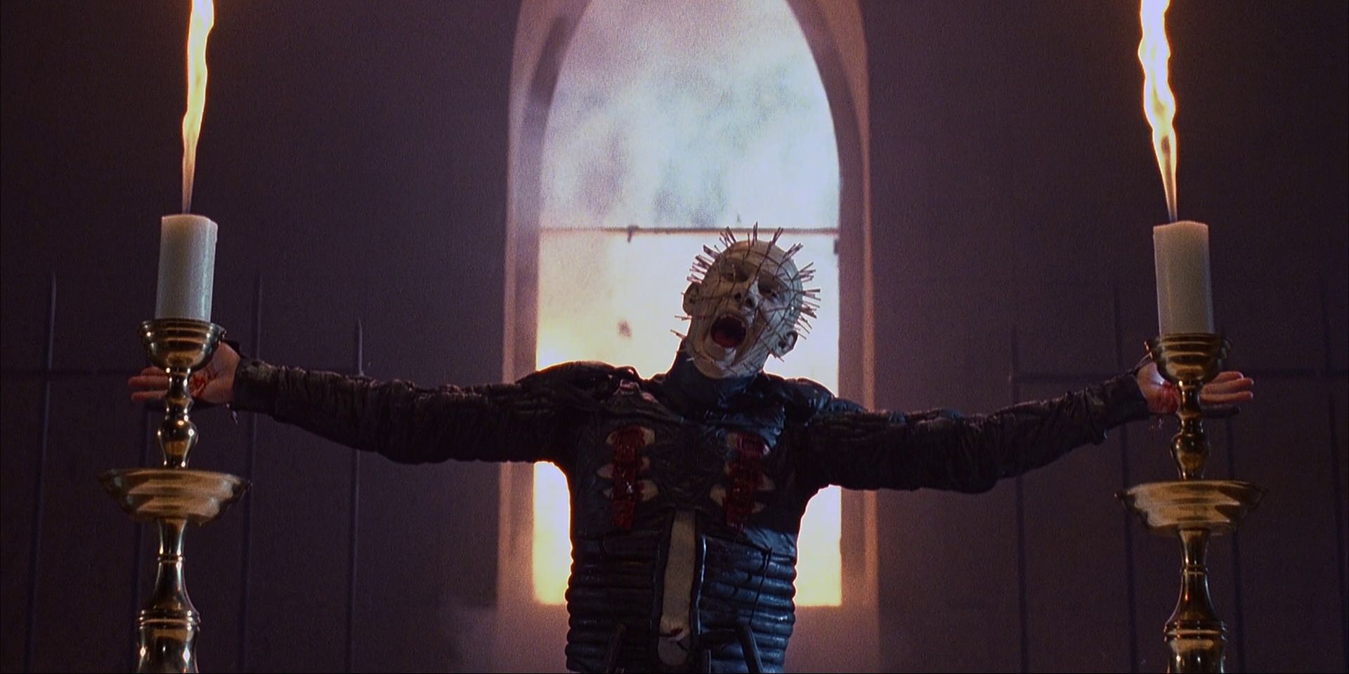 Doug Bradley as Pinhead attacking a church in Hellraiser III: Hell on Earth.