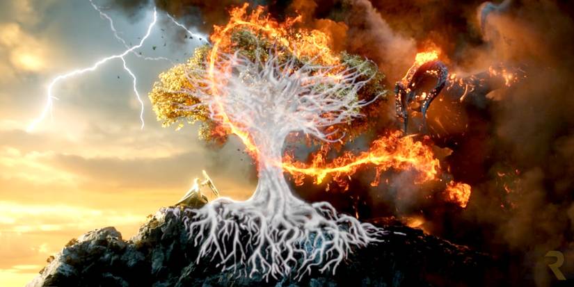 An elf and a Balrog fight over a Silmaril tree in The Rings of Power, creating mithril.