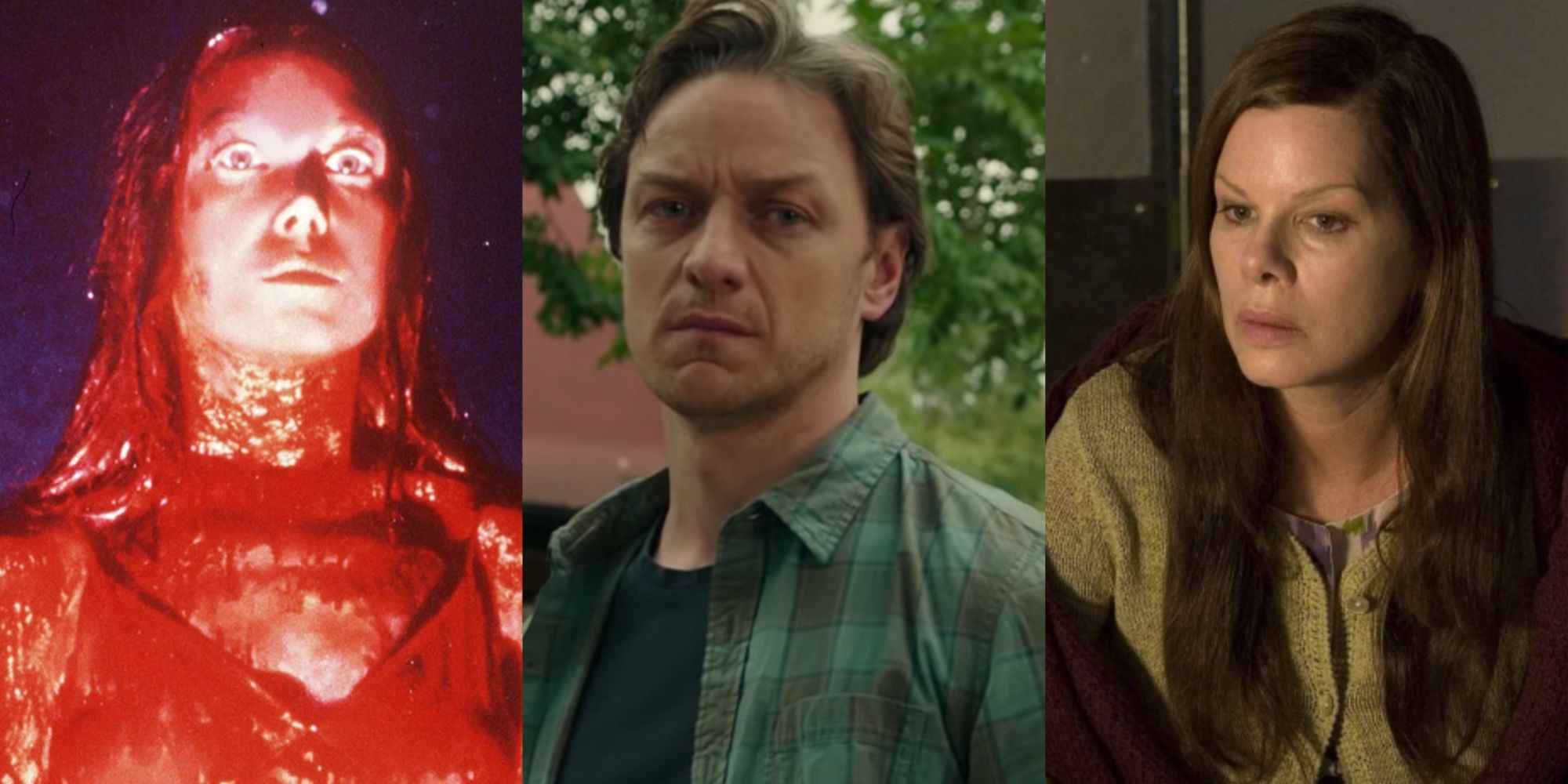 Split image of Carrie White, Bill Benbrough, and Mrs. Carmody as various characters from Stephen King stories