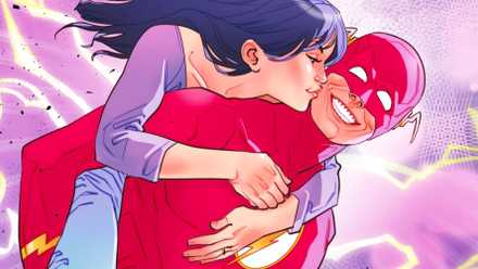 Comic book art: Linda Park West embraces Flash Wally West from behind, kissing him on the cheek as he smiles.